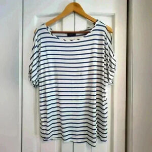 Collette Women's Blue and White Striped Cold Shoulder short sleeve T-shirt | Lg
